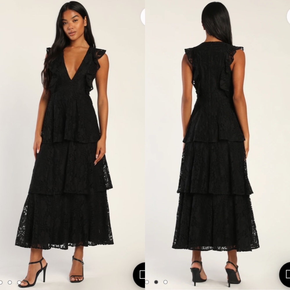Molinetto Black Lace Ruffled Tiered Sleeveless Maxi Dress